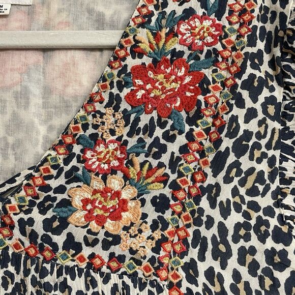 Thml Leopard Floral Embroiderd Flutter Sleeve Knee Length Dress Women's Size M - Picture 14 of 16